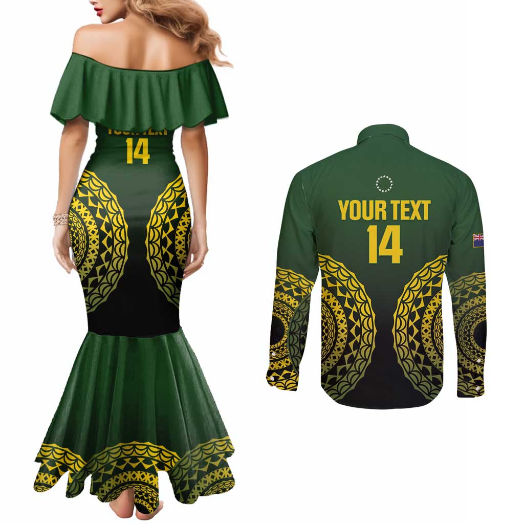 Custom Avaiki Cook Islands Rugby Couples Matching Mermaid Dress and Long Sleeve Button Shirt Kuki Airani Tatau Black - Polynesian Pride