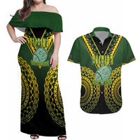 Custom Avaiki Cook Islands Rugby Couples Matching Off Shoulder Maxi Dress and Hawaiian Shirt Kuki Airani Tatau Black - Polynesian Pride
