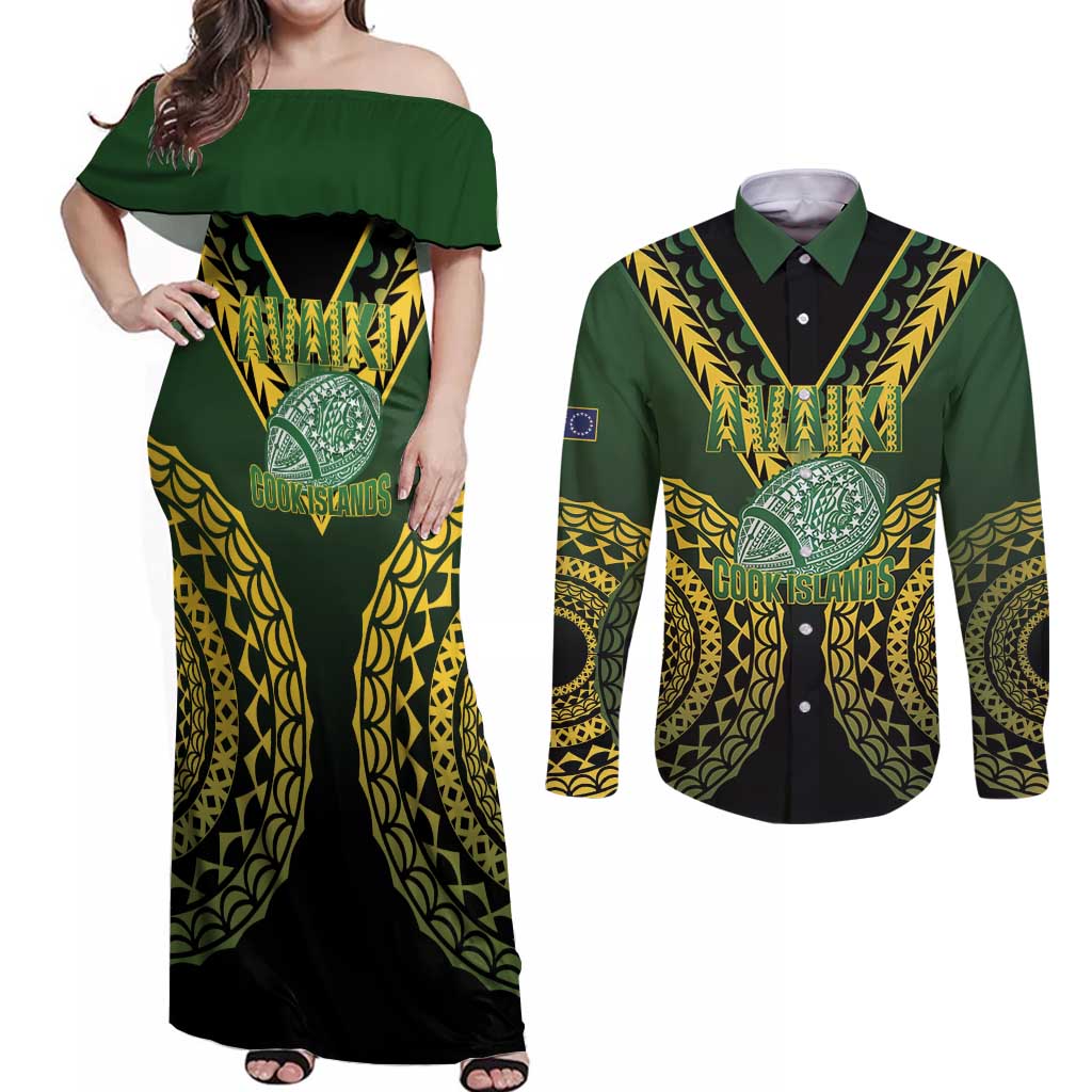 Custom Avaiki Cook Islands Rugby Couples Matching Off Shoulder Maxi Dress and Long Sleeve Button Shirt Kuki Airani Tatau Black - Polynesian Pride
