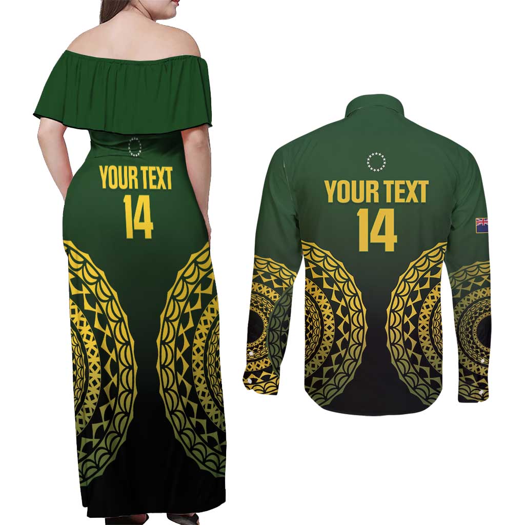 Custom Avaiki Cook Islands Rugby Couples Matching Off Shoulder Maxi Dress and Long Sleeve Button Shirt Kuki Airani Tatau Black - Polynesian Pride