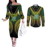 Custom Avaiki Cook Islands Rugby Couples Matching Off The Shoulder Long Sleeve Dress and Long Sleeve Button Shirt Kuki Airani Tatau Black - Polynesian Pride