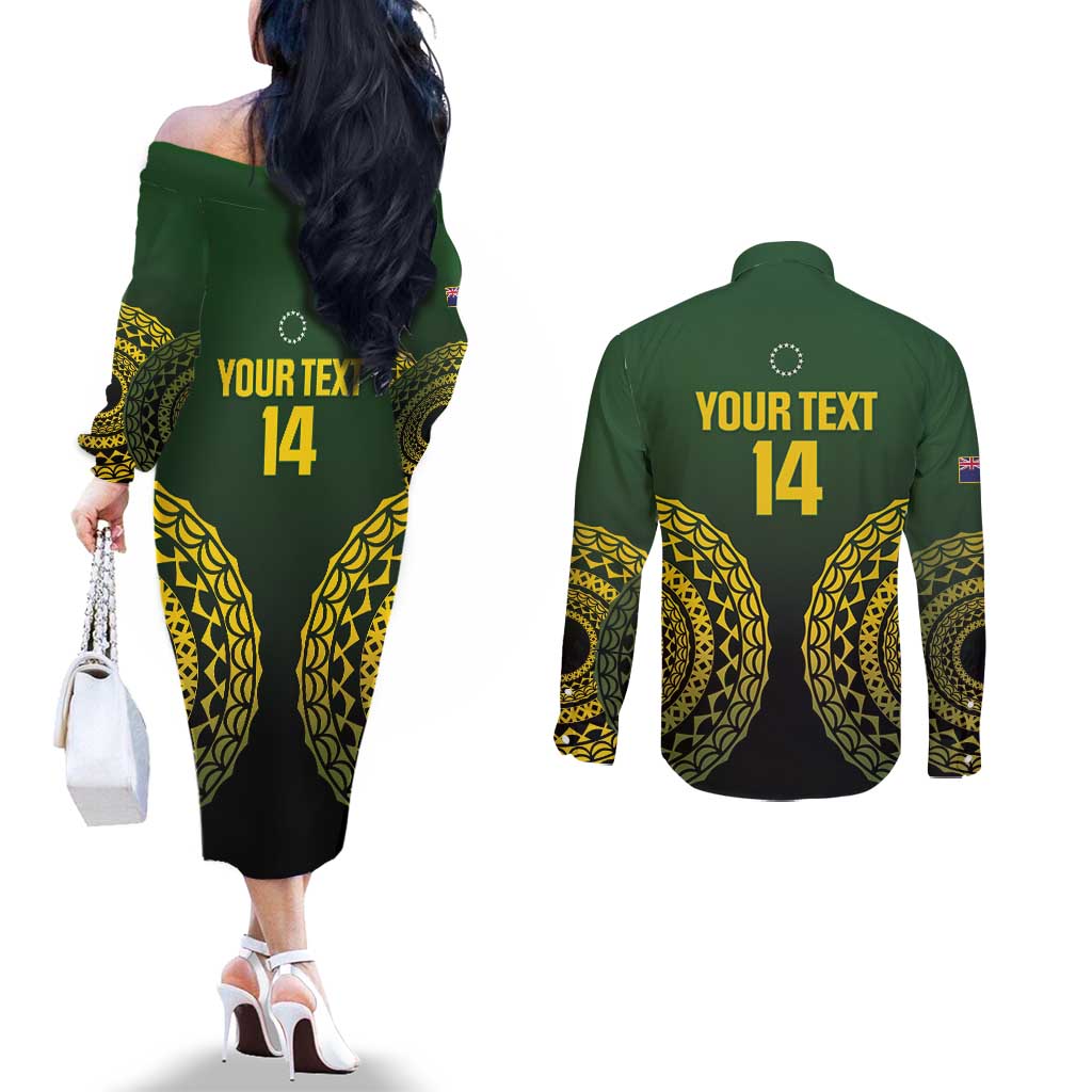 Custom Avaiki Cook Islands Rugby Couples Matching Off The Shoulder Long Sleeve Dress and Long Sleeve Button Shirt Kuki Airani Tatau Black - Polynesian Pride