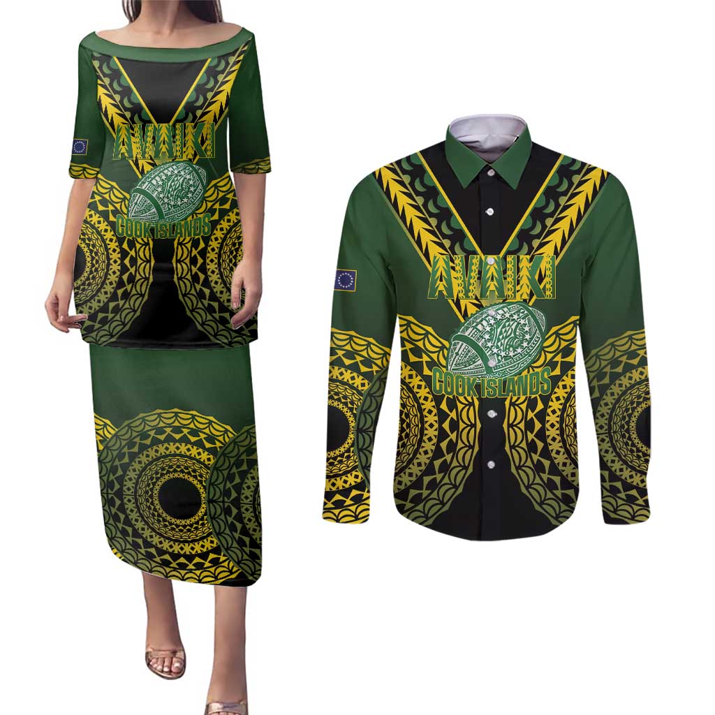 Custom Avaiki Cook Islands Rugby Couples Matching Puletasi and Long Sleeve Button Shirt Kuki Airani Tatau Black - Polynesian Pride
