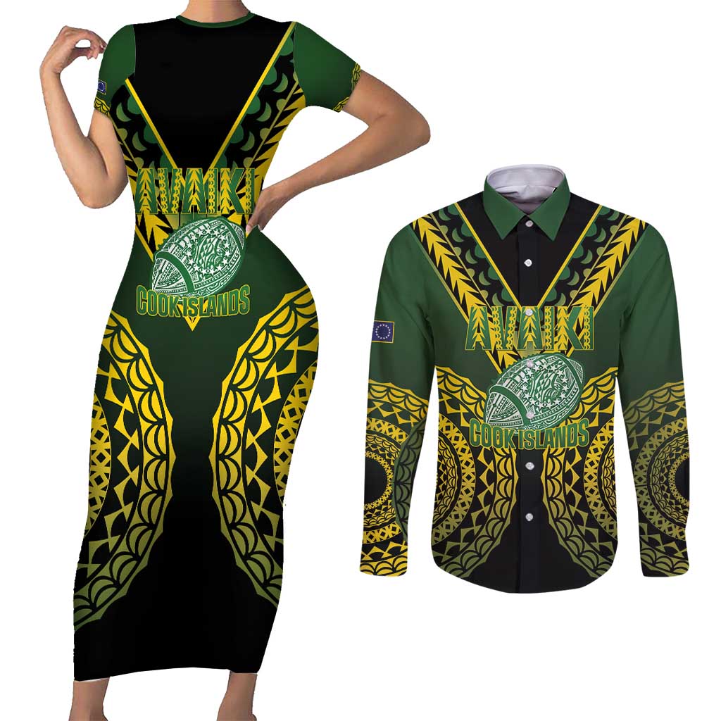 Custom Avaiki Cook Islands Rugby Couples Matching Short Sleeve Bodycon Dress and Long Sleeve Button Shirt Kuki Airani Tatau Black - Polynesian Pride