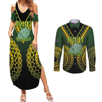 Custom Avaiki Cook Islands Rugby Couples Matching Summer Maxi Dress and Long Sleeve Button Shirt Kuki Airani Tatau Black - Polynesian Pride