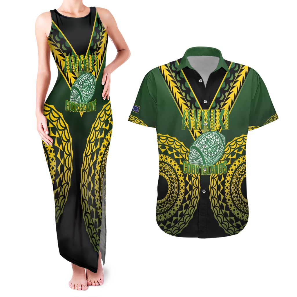 Custom Avaiki Cook Islands Rugby Couples Matching Tank Maxi Dress and Hawaiian Shirt Kuki Airani Tatau Black - Polynesian Pride