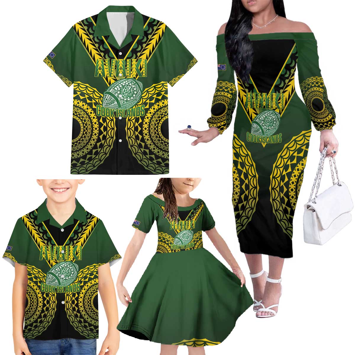 Custom Avaiki Cook Islands Rugby Family Matching Off The Shoulder Long Sleeve Dress and Hawaiian Shirt Kuki Airani Tatau Black - Polynesian Pride