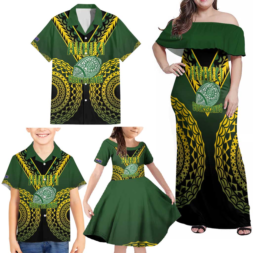 Custom Avaiki Cook Islands Rugby Family Matching Off Shoulder Maxi Dress and Hawaiian Shirt Kuki Airani Tatau Black - Polynesian Pride
