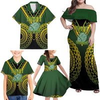 Custom Avaiki Cook Islands Rugby Family Matching Off Shoulder Maxi Dress and Hawaiian Shirt Kuki Airani Tatau Black - Polynesian Pride