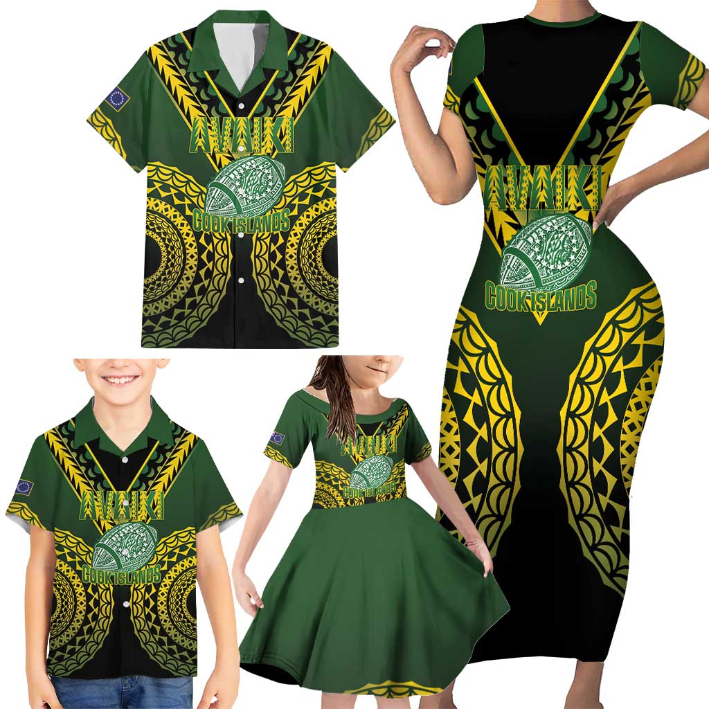 Custom Avaiki Cook Islands Rugby Family Matching Short Sleeve Bodycon Dress and Hawaiian Shirt Kuki Airani Tatau Black - Polynesian Pride