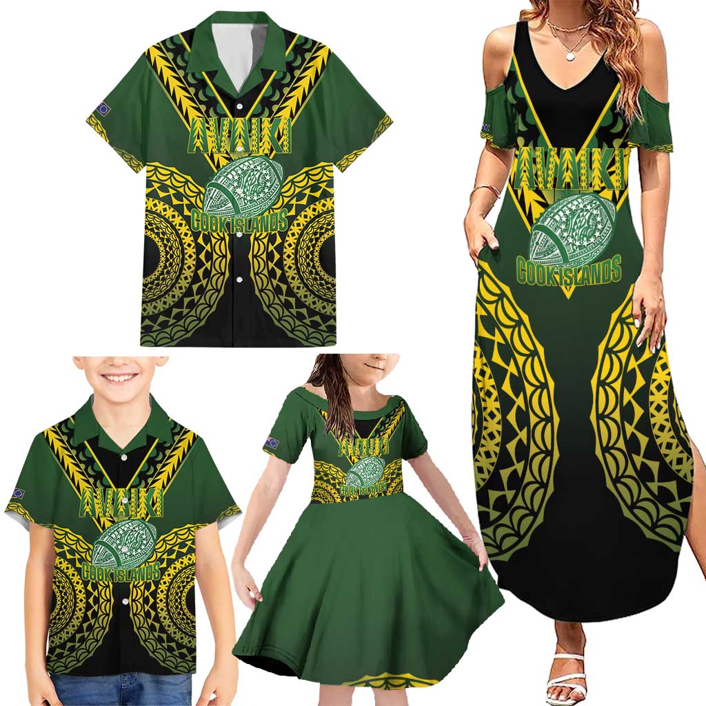 Custom Avaiki Cook Islands Rugby Family Matching Summer Maxi Dress and Hawaiian Shirt Kuki Airani Tatau Black - Polynesian Pride