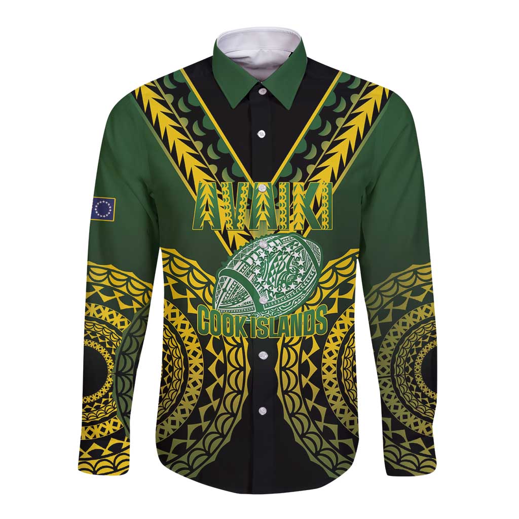 Custom Avaiki Cook Islands Rugby Long Sleeve Button Shirt Kuki Airani Tatau Black - Polynesian Pride