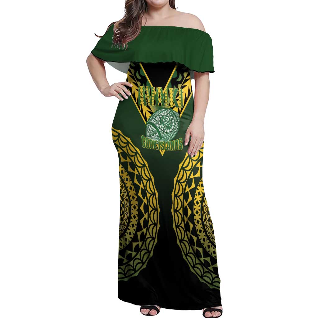 Custom Avaiki Cook Islands Rugby Off Shoulder Maxi Dress Kuki Airani Tatau Black - Polynesian Pride
