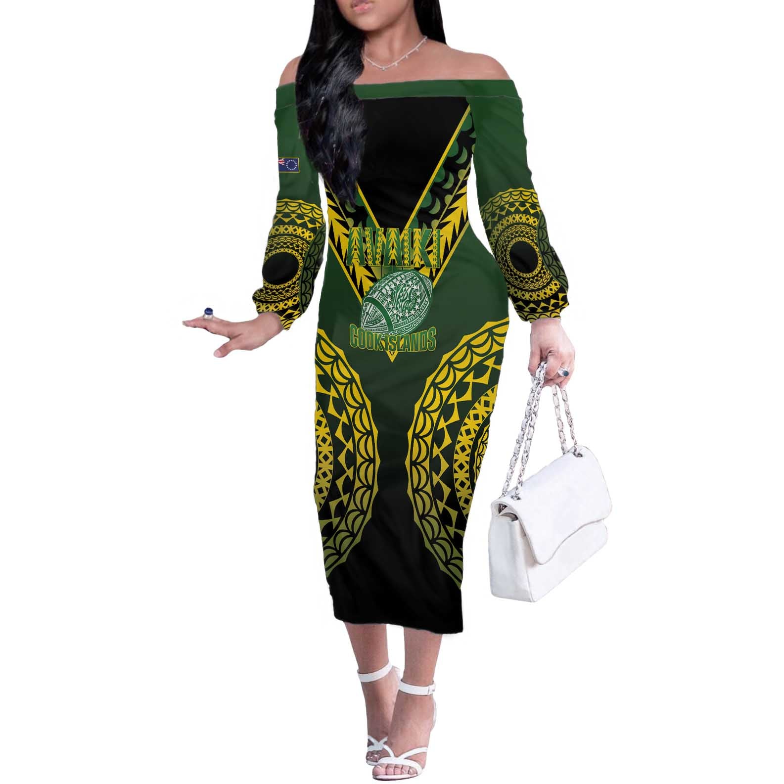 Custom Avaiki Cook Islands Rugby Off The Shoulder Long Sleeve Dress Kuki Airani Tatau Black - Polynesian Pride