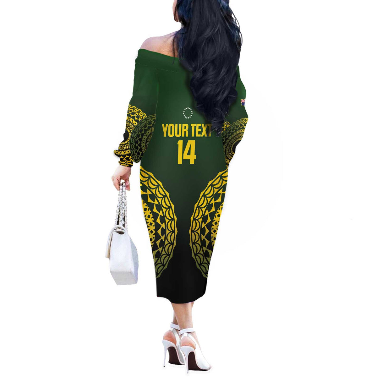 Custom Avaiki Cook Islands Rugby Off The Shoulder Long Sleeve Dress Kuki Airani Tatau Black - Polynesian Pride