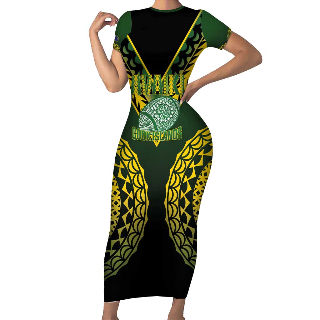 Custom Avaiki Cook Islands Rugby Short Sleeve Bodycon Dress Kuki Airani Tatau Black - Polynesian Pride