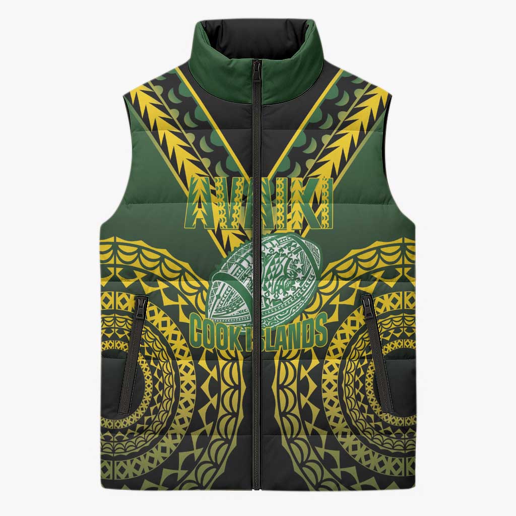 Custom Avaiki Cook Islands Rugby Sleeveless Puffer Jacket Kuki Airani Tatau Black - Polynesian Pride