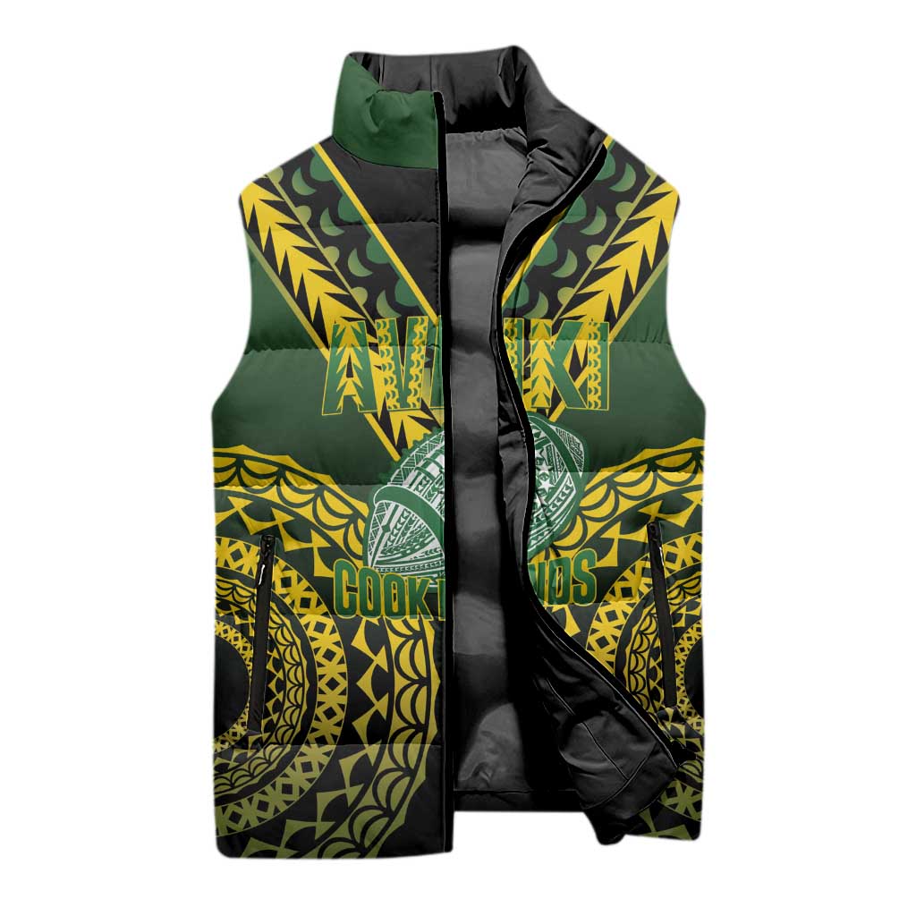 Custom Avaiki Cook Islands Rugby Sleeveless Puffer Jacket Kuki Airani Tatau Black - Polynesian Pride