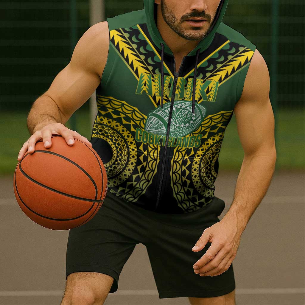 Custom Avaiki Cook Islands Rugby Sleeveless Zip Hoodie Kuki Airani Tatau Black - Polynesian Pride