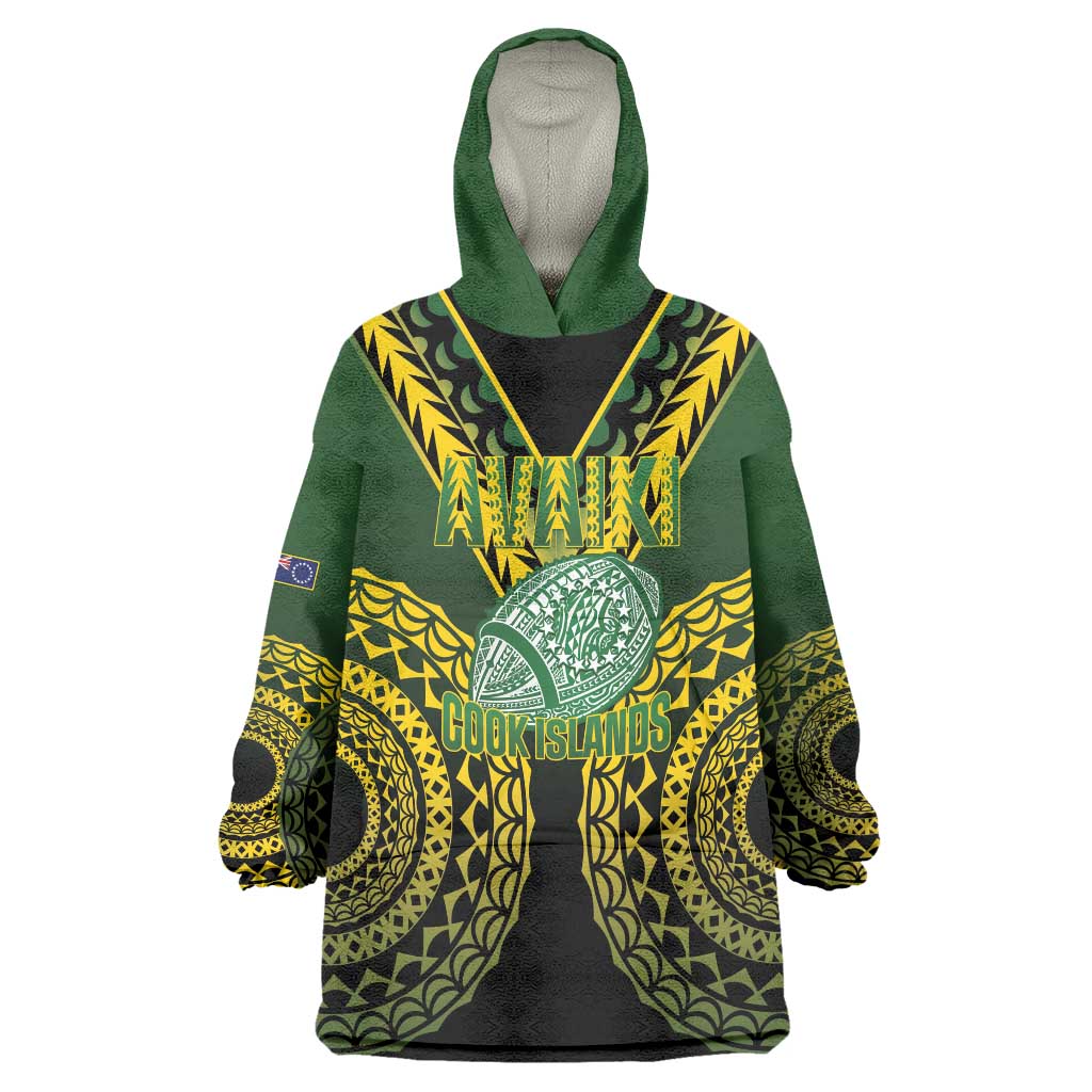 Custom Avaiki Cook Islands Rugby Wearable Blanket Hoodie Kuki Airani Tatau Black - Polynesian Pride