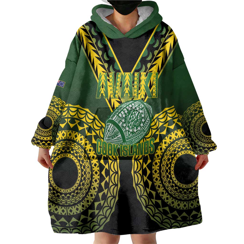 Custom Avaiki Cook Islands Rugby Wearable Blanket Hoodie Kuki Airani Tatau Black - Polynesian Pride