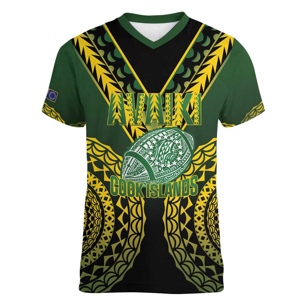 Custom Avaiki Cook Islands Rugby Women V-Neck T-Shirt Kuki Airani Tatau Black - Polynesian Pride