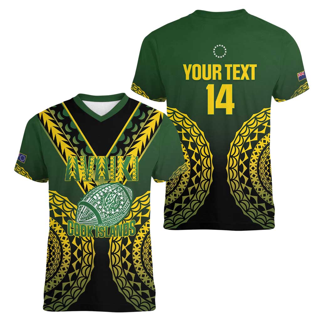 Custom Avaiki Cook Islands Rugby Women V-Neck T-Shirt Kuki Airani Tatau Black - Polynesian Pride