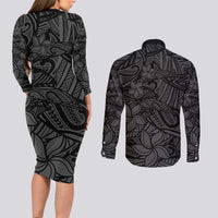 Polynesia Couples Matching Long Sleeve Bodycon Dress and Long Sleeve Button Shirt Polynesian Pattern Mix Plumeria Black LT14