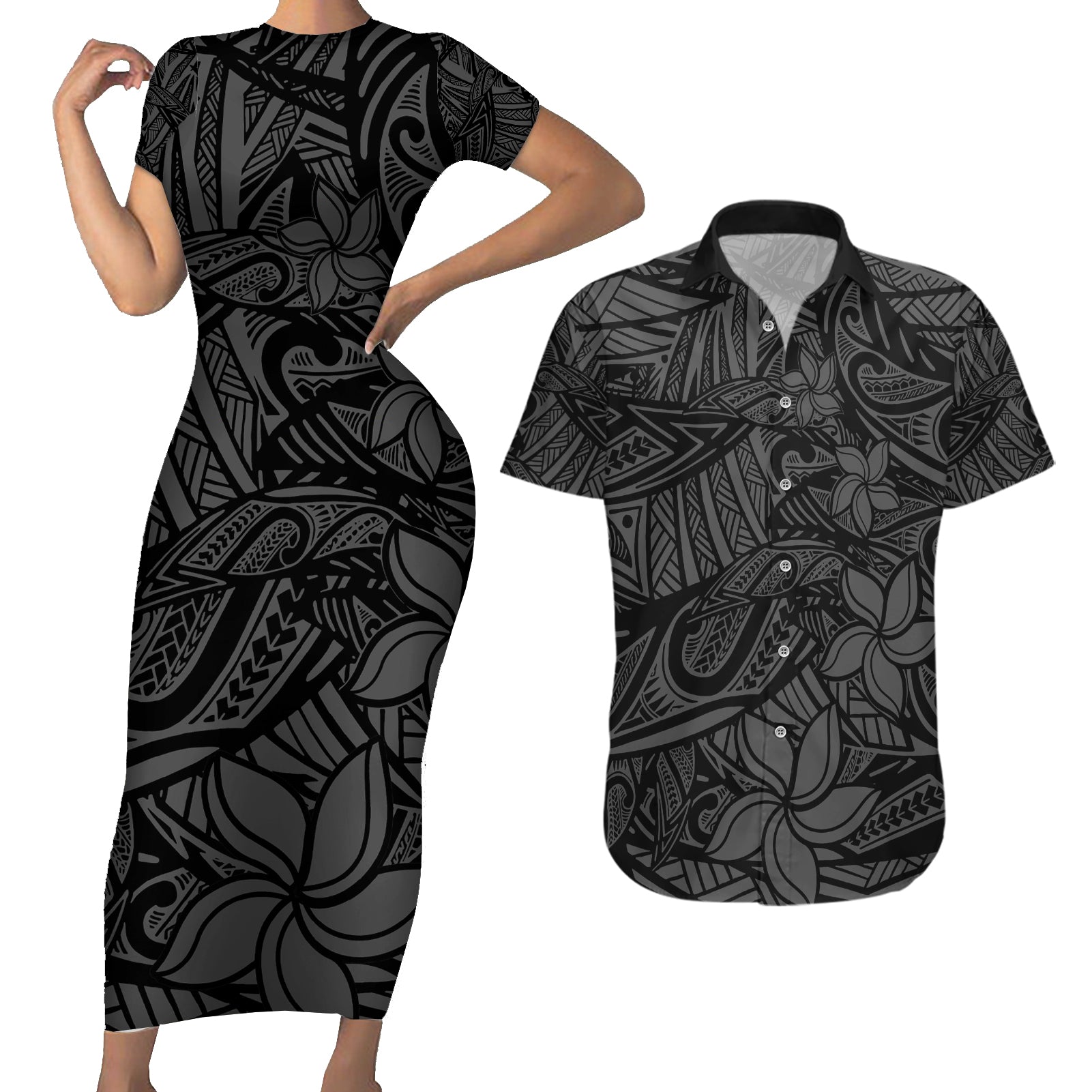 Polynesia Couples Matching Short Sleeve Bodycon Dress and Hawaiian Shirt Polynesian Pattern Mix Plumeria Black LT14 Black - Polynesian Pride