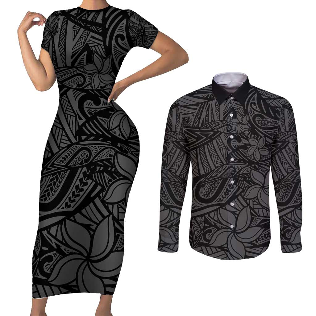 Polynesia Couples Matching Short Sleeve Bodycon Dress and Long Sleeve Button Shirt Polynesian Pattern Mix Plumeria Black LT14 Black - Polynesian Pride