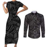 Polynesia Couples Matching Short Sleeve Bodycon Dress and Long Sleeve Button Shirt Polynesian Pattern Mix Plumeria Black LT14 Black - Polynesian Pride