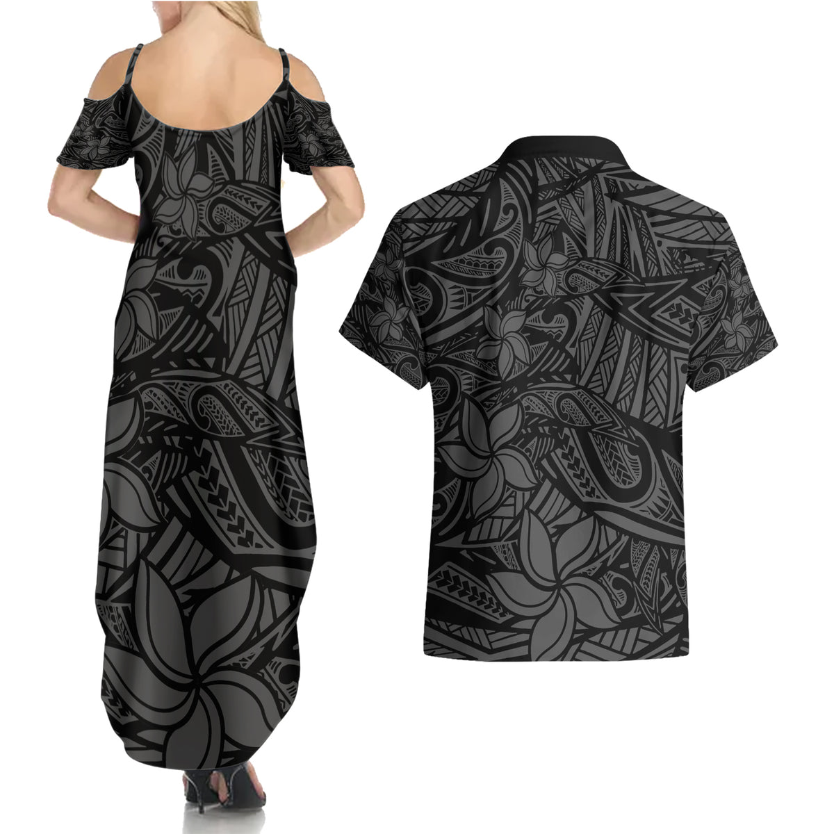 Polynesia Couples Matching Summer Maxi Dress and Hawaiian Shirt Polynesian Pattern Mix Plumeria Black LT14 - Polynesian Pride