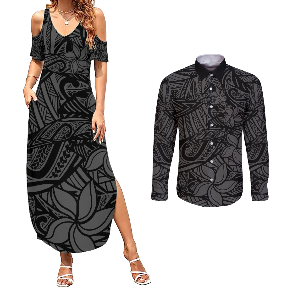 Polynesia Couples Matching Summer Maxi Dress and Long Sleeve Button Shirt Polynesian Pattern Mix Plumeria Black LT14 Black - Polynesian Pride