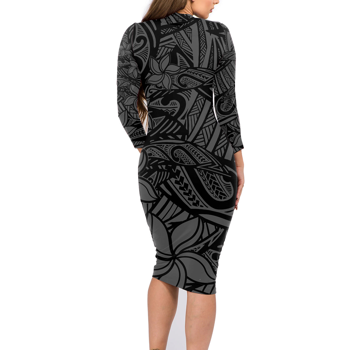 Polynesia Family Matching Long Sleeve Bodycon Dress and Hawaiian Shirt Polynesian Pattern Mix Plumeria Black LT14 - Polynesian Pride