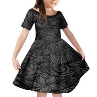 Polynesia Family Matching Off Shoulder Long Sleeve Dress and Hawaiian Shirt Polynesian Pattern Mix Plumeria Black LT14 Daughter's Dress Black - Polynesian Pride