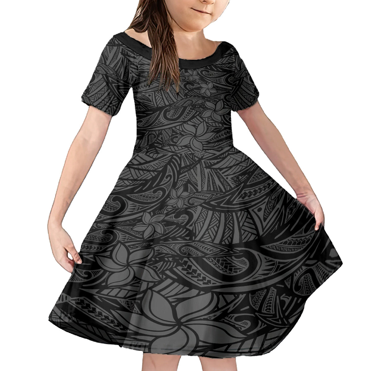 Polynesia Family Matching Off Shoulder Maxi Dress and Hawaiian Shirt Polynesian Pattern Mix Plumeria Black LT14 Daughter's Dress Black - Polynesian Pride
