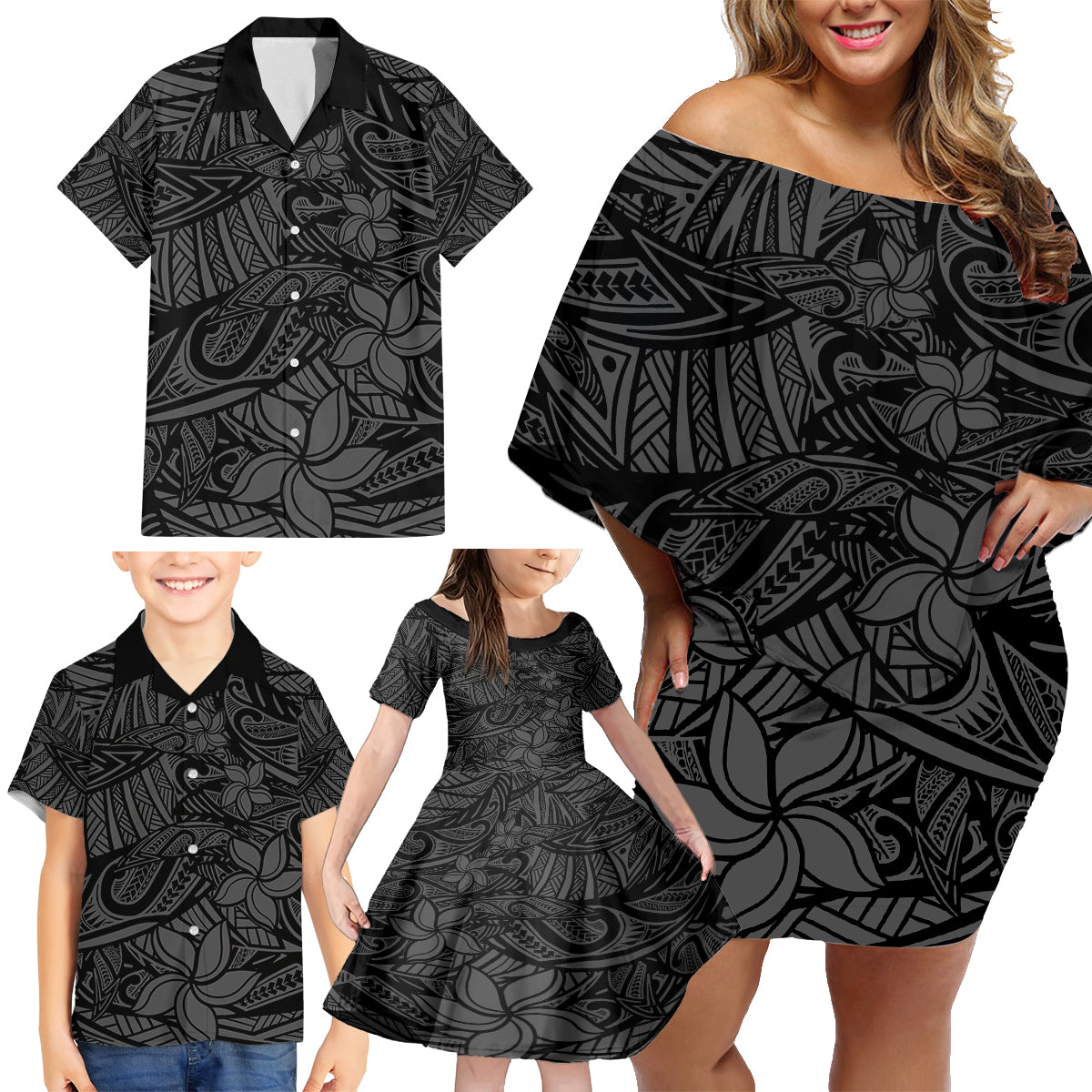 Polynesia Family Matching Off Shoulder Short Dress and Hawaiian Shirt Polynesian Pattern Mix Plumeria Black LT14 - Polynesian Pride