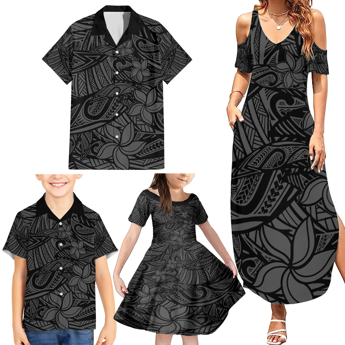 Polynesia Family Matching Summer Maxi Dress and Hawaiian Shirt Polynesian Pattern Mix Plumeria Black LT14 - Polynesian Pride