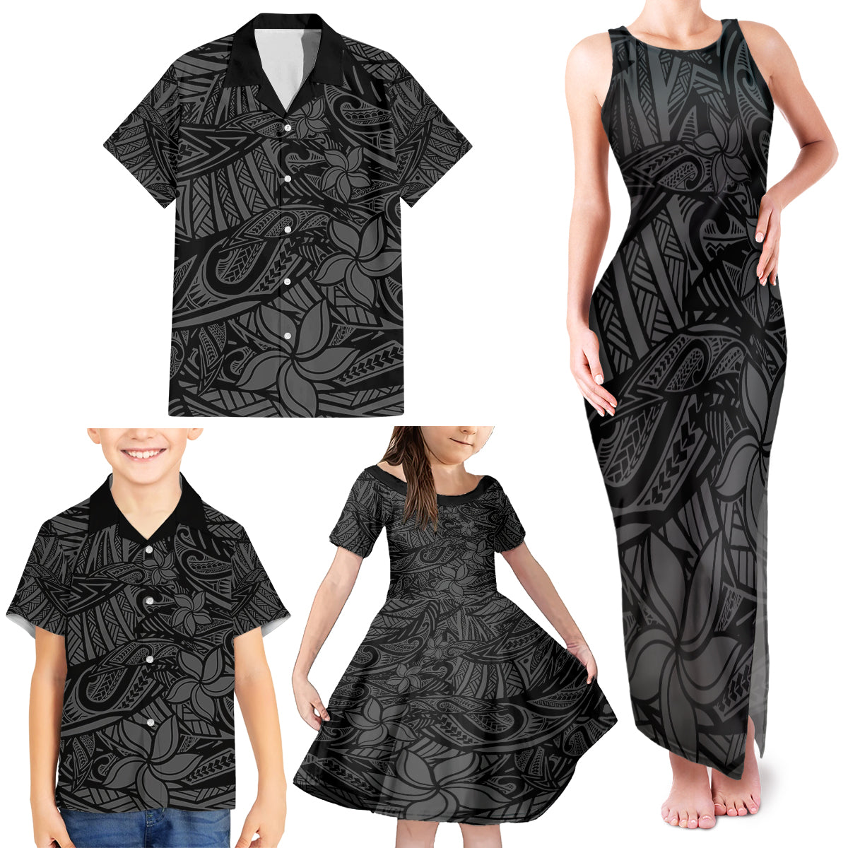 Polynesia Family Matching Tank Maxi Dress and Hawaiian Shirt Polynesian Pattern Mix Plumeria Black LT14 - Polynesian Pride