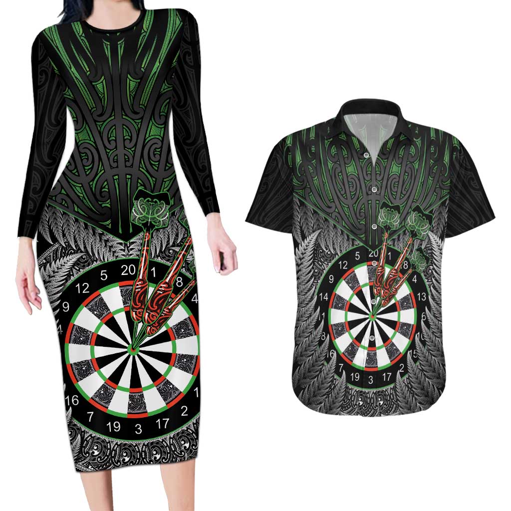 Personalised New Zealand Darts Couples Matching Long Sleeve Bodycon Dress and Hawaiian Shirt Dartboard Maori Fern Puhoro Art