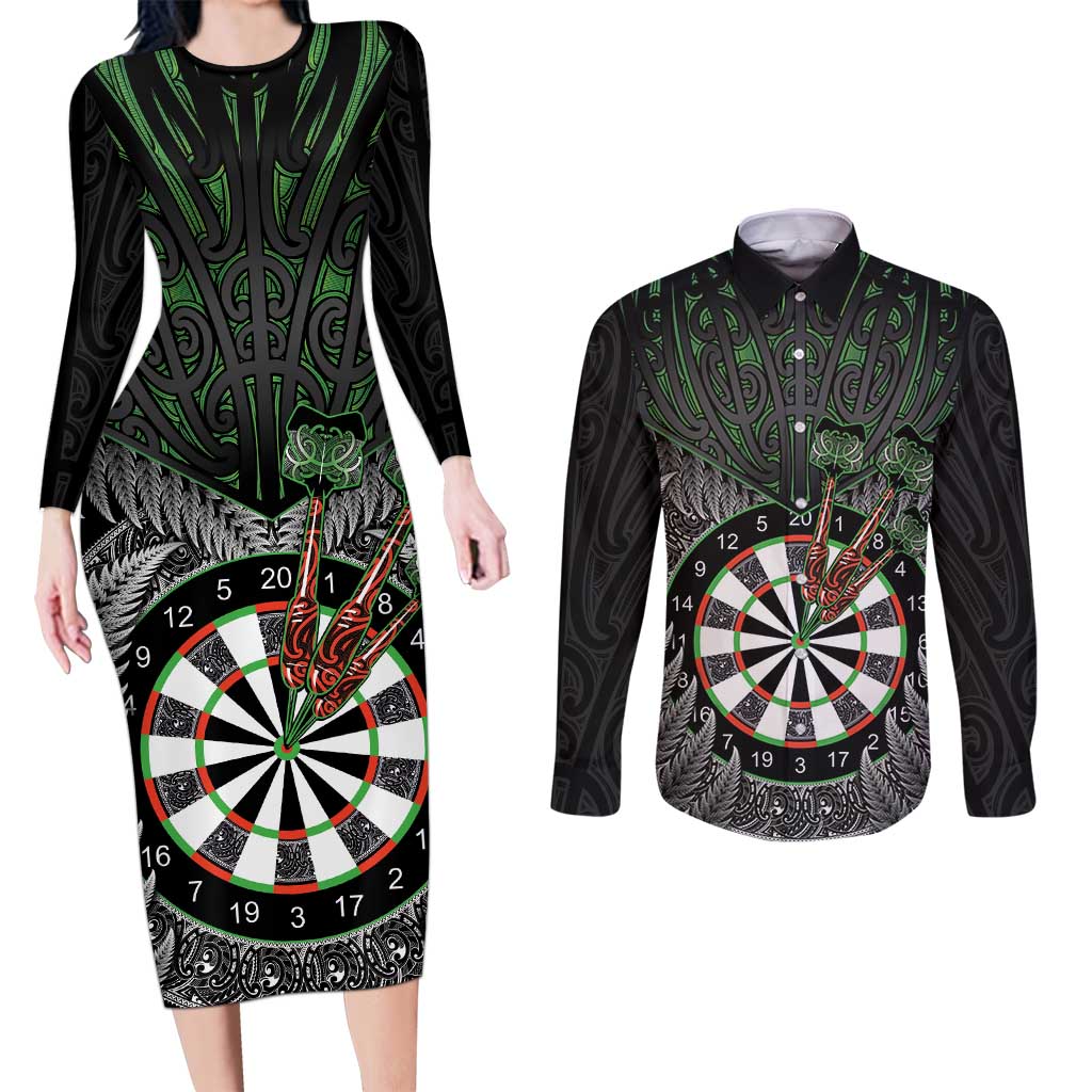 Personalised New Zealand Darts Couples Matching Long Sleeve Bodycon Dress and Long Sleeve Button Shirt Dartboard Maori Fern Puhoro Art