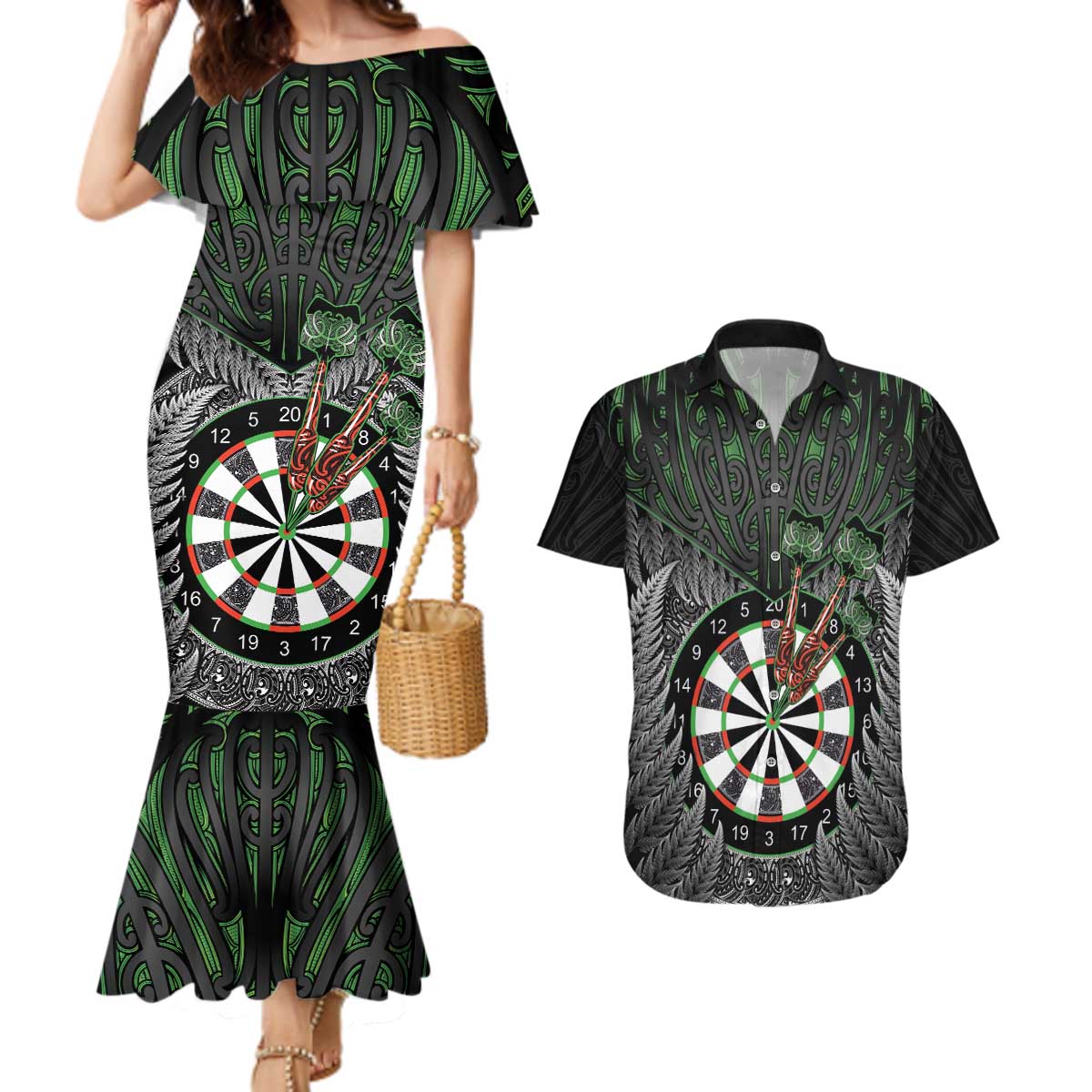 Personalised New Zealand Darts Couples Matching Mermaid Dress and Hawaiian Shirt Dartboard Maori Fern Puhoro Art