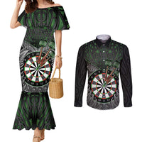 Personalised New Zealand Darts Couples Matching Mermaid Dress and Long Sleeve Button Shirt Dartboard Maori Fern Puhoro Art