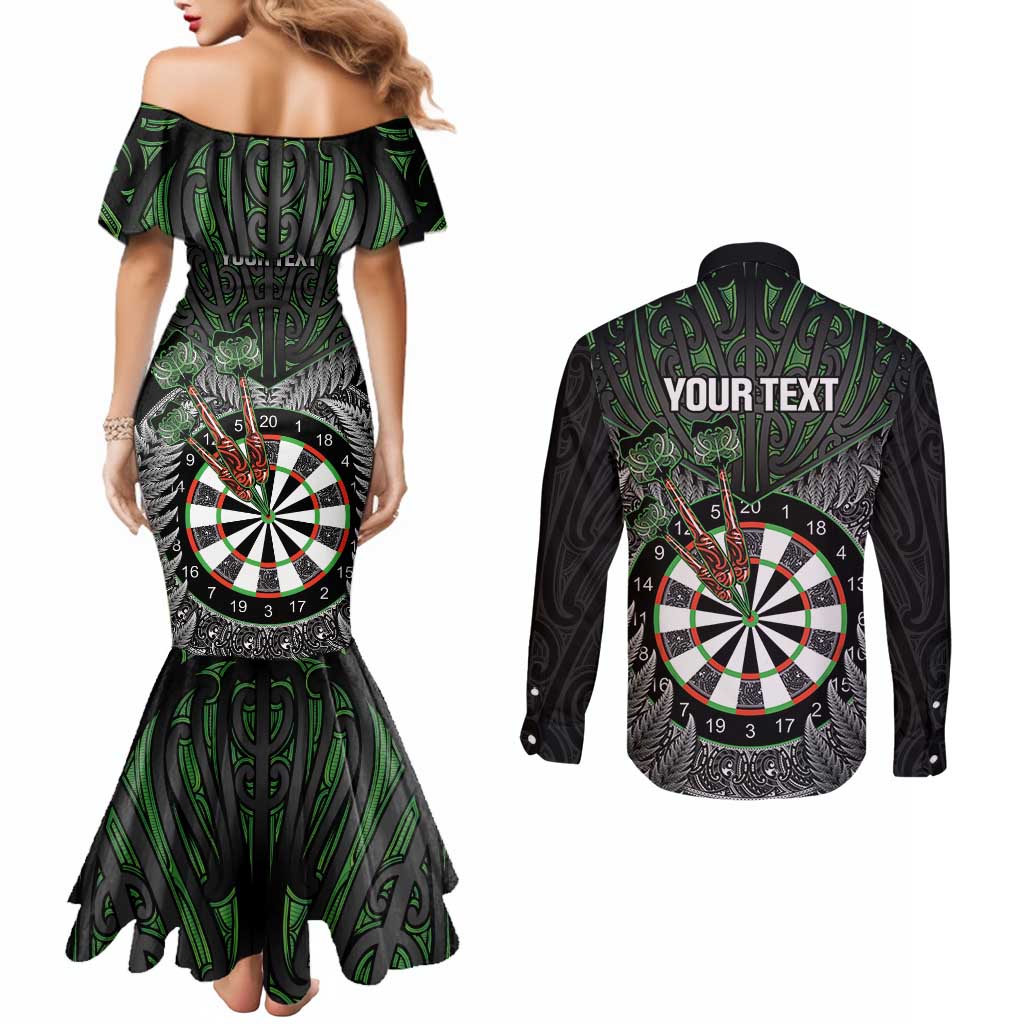 Personalised New Zealand Darts Couples Matching Mermaid Dress and Long Sleeve Button Shirt Dartboard Maori Fern Puhoro Art