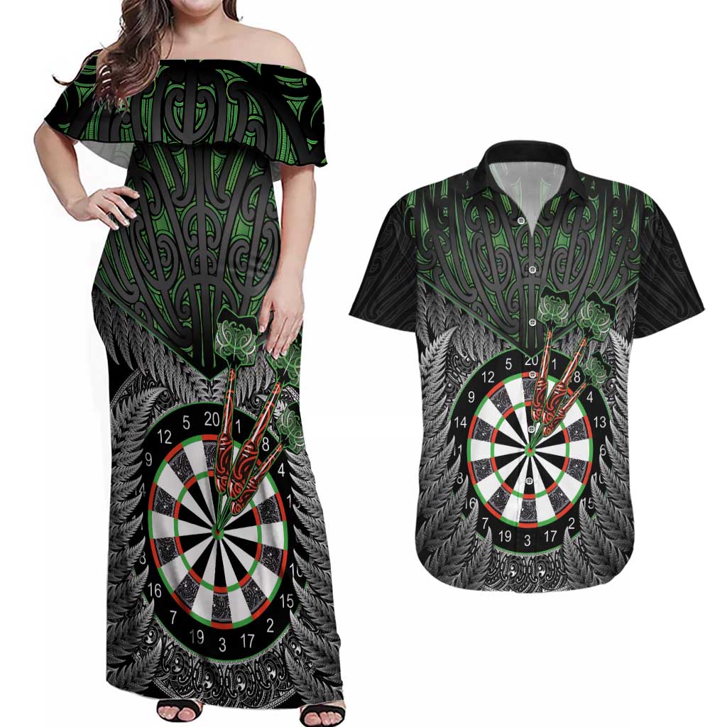 Personalised New Zealand Darts Couples Matching Off Shoulder Maxi Dress and Hawaiian Shirt Dartboard Maori Fern Puhoro Art