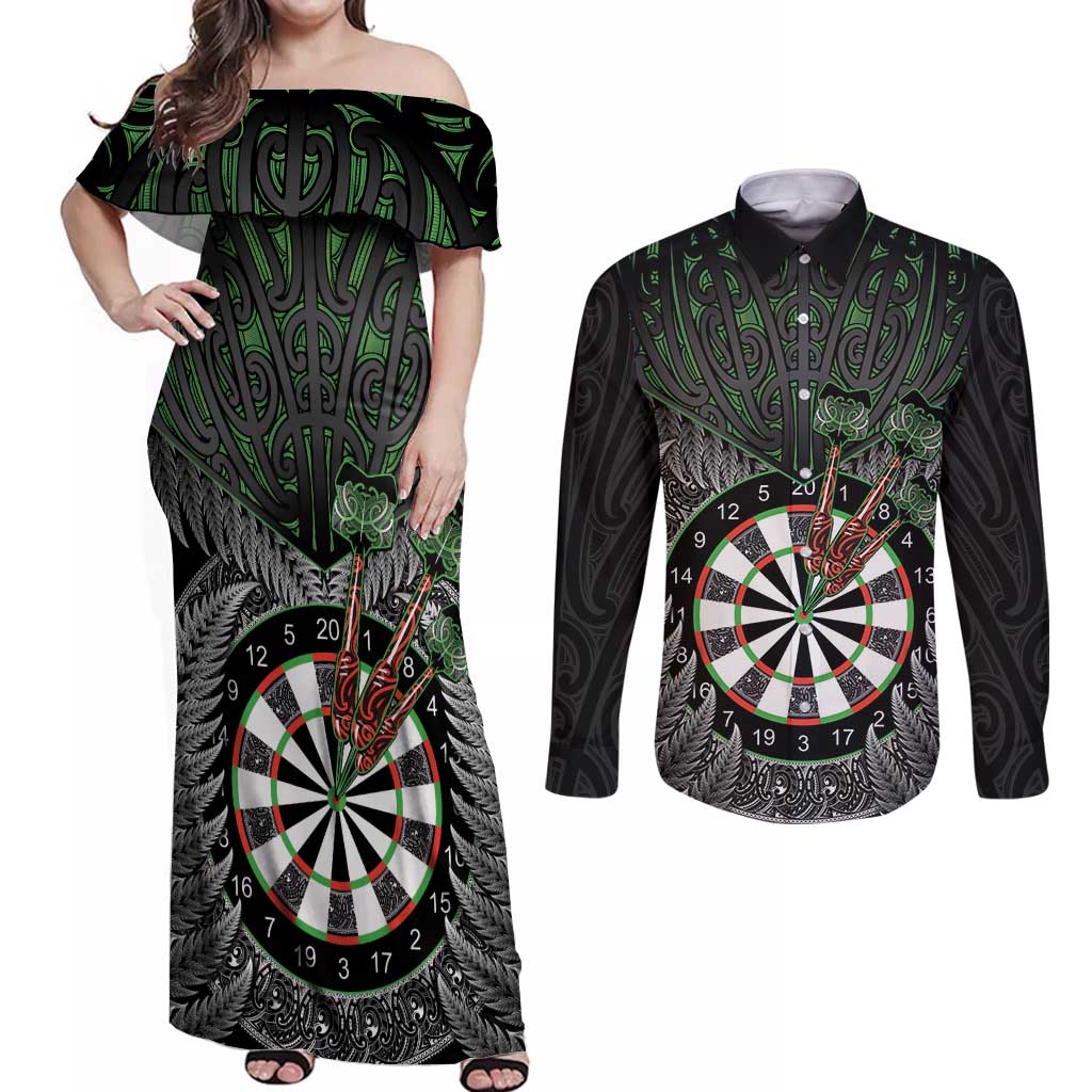 Personalised New Zealand Darts Couples Matching Off Shoulder Maxi Dress and Long Sleeve Button Shirt Dartboard Maori Fern Puhoro Art