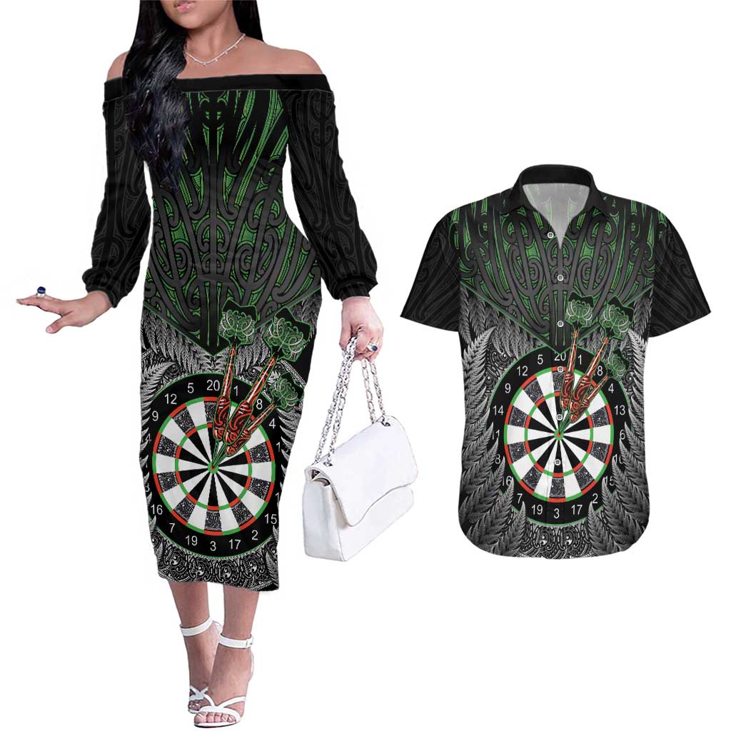 Personalised New Zealand Darts Couples Matching Off The Shoulder Long Sleeve Dress and Hawaiian Shirt Dartboard Maori Fern Puhoro Art