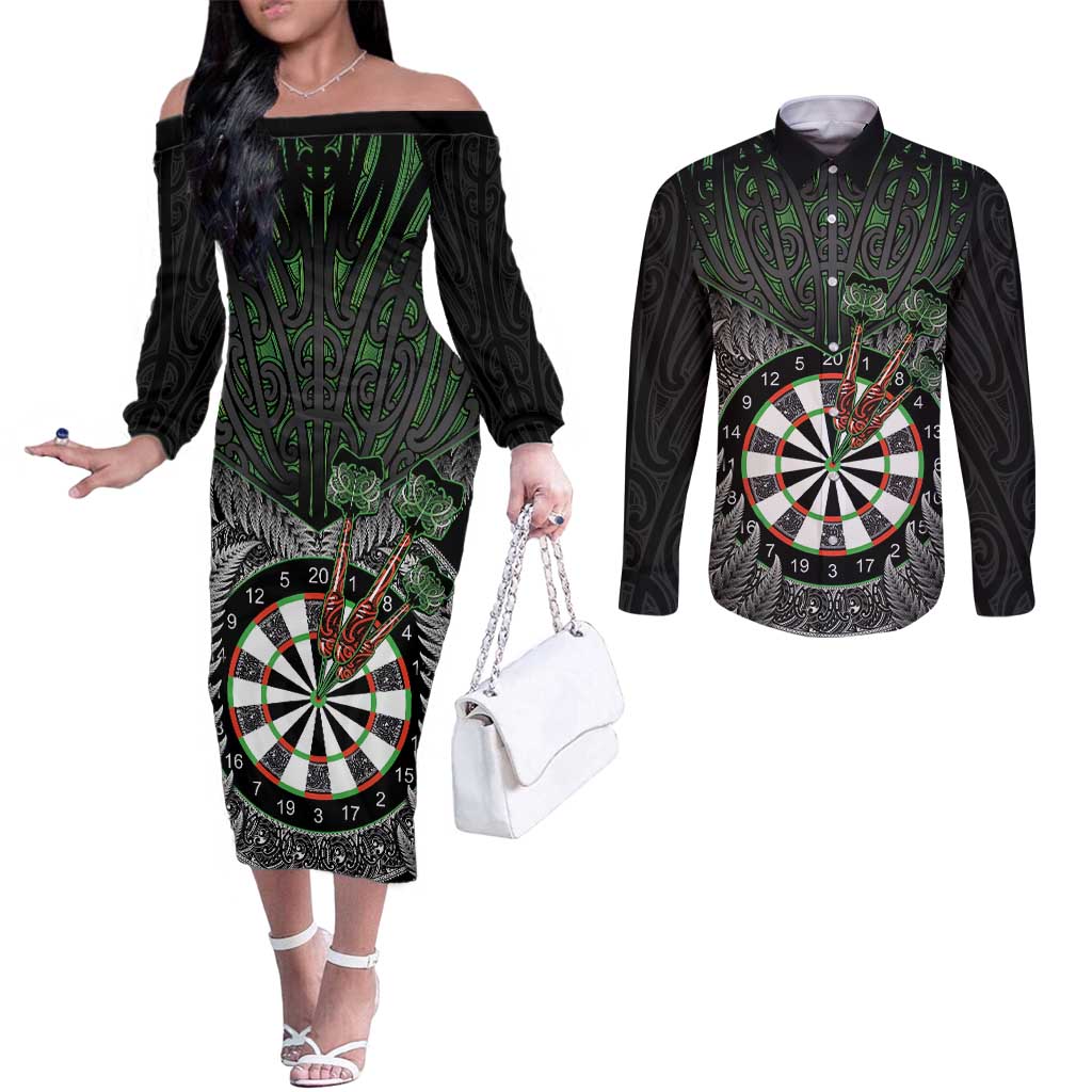 Personalised New Zealand Darts Couples Matching Off The Shoulder Long Sleeve Dress and Long Sleeve Button Shirt Dartboard Maori Fern Puhoro Art