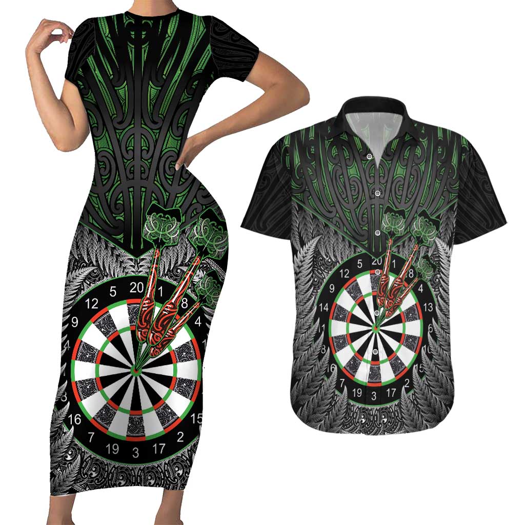 Personalised New Zealand Darts Couples Matching Short Sleeve Bodycon Dress and Hawaiian Shirt Dartboard Maori Fern Puhoro Art