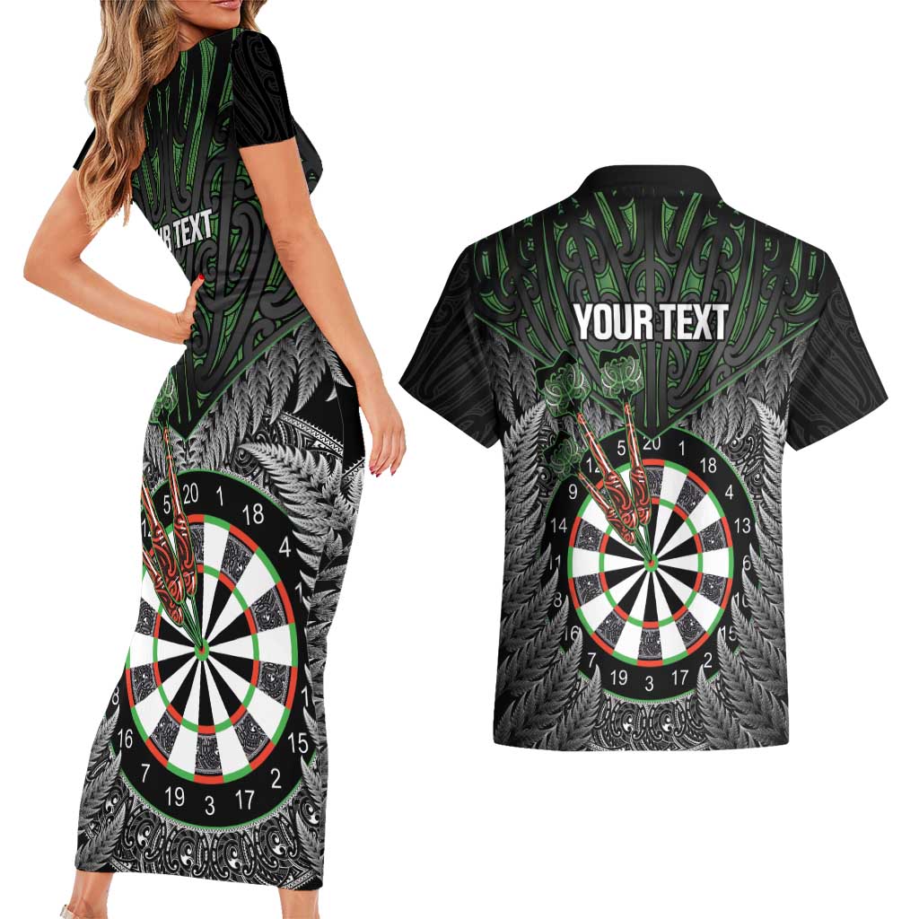 Personalised New Zealand Darts Couples Matching Short Sleeve Bodycon Dress and Hawaiian Shirt Dartboard Maori Fern Puhoro Art